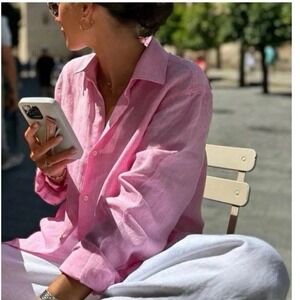 NEW Gap Women's Linen Boyfriend Shirt Relaxed Fit Pink XS